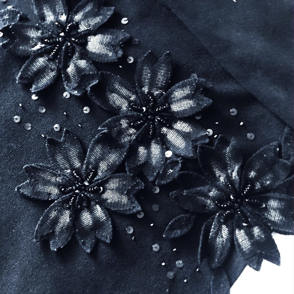 CML Collection Sequins Beaded Mesh Flowers Adorned Black Long Sleeve Top Size M